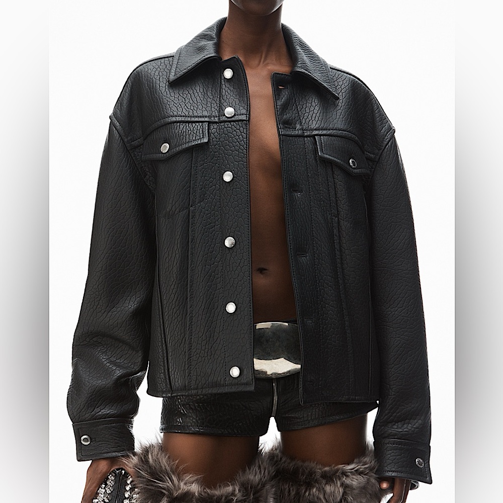 ALEXANDER WANG Black Lambskin Leather Trucker Jacket, S Small